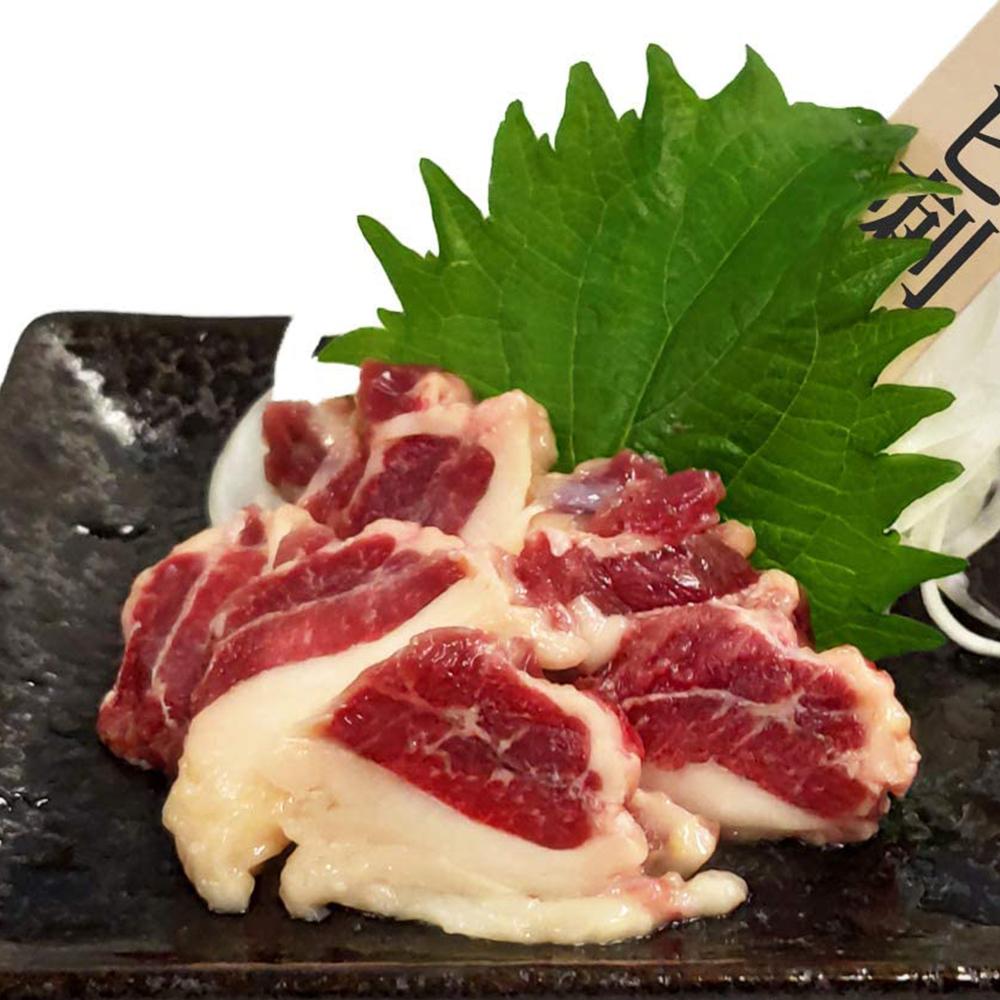 新鮮馬刺し 上霜カルビ刺し 個食包装（約50g）衛生検査合格品　馬刺し専用醤油・しょうが・にんにく付き